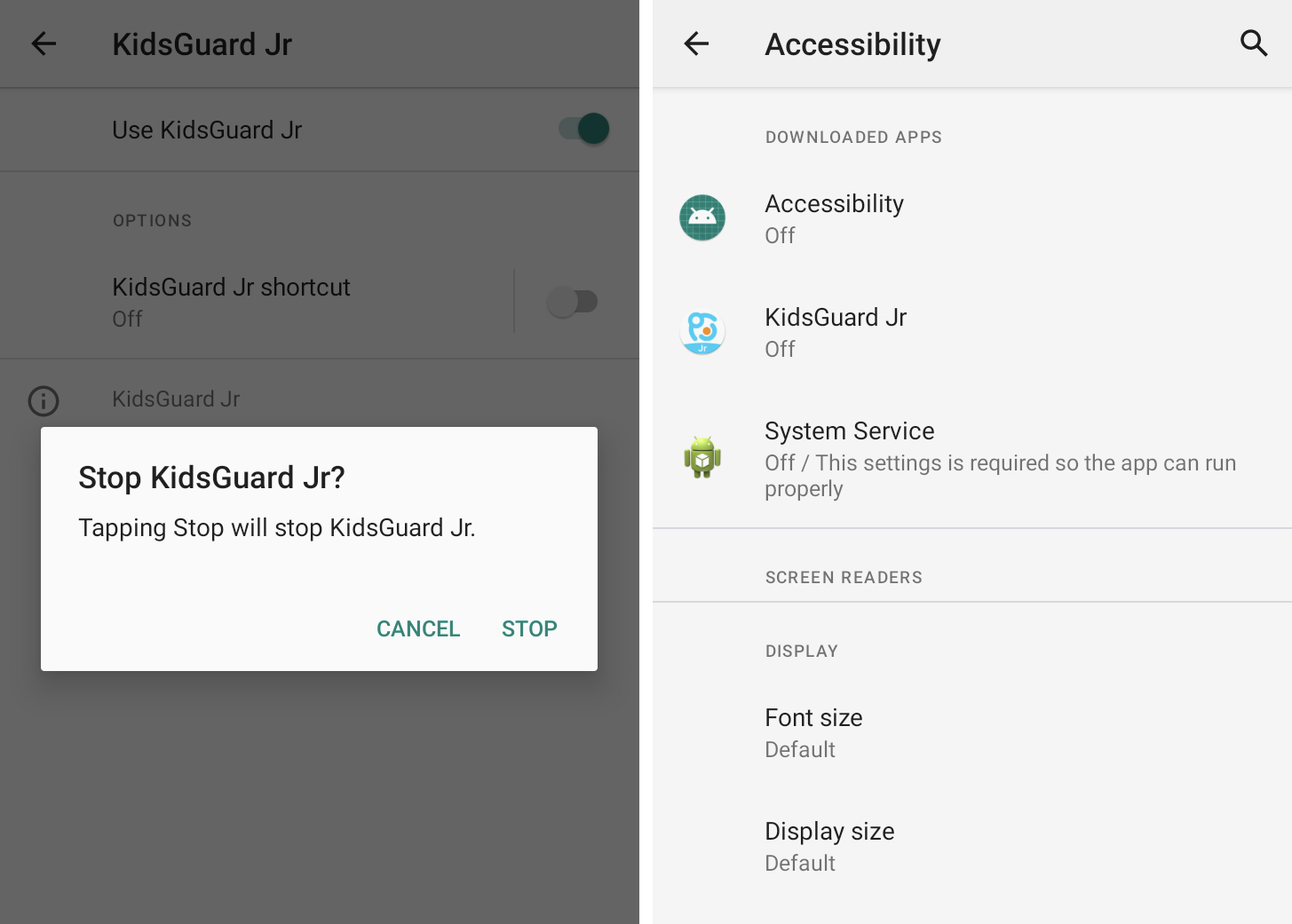 Two side-by-side screenshots showing an app called KidsGuard hijacking Android's accessibility feature to spy on unsuspecting users.  The second screenshot shows three stalkerware applications - called Accessibility, KidsGuard, and System Service - all disabled and therefore no longer actively running.