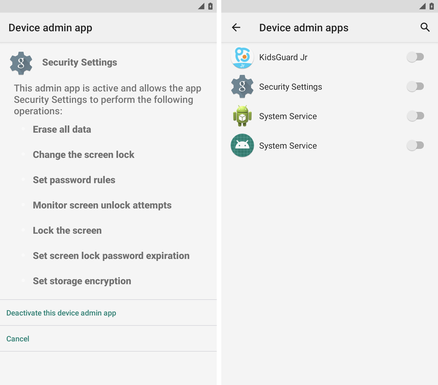 Two screenshots side-by-side, with one showing a dodgy-looking "Security Settings" app with full admin control over the Android device in question, allowing it to "erase all data" and "lock the screen." The second screenshot shows the currently installed device admin apps as all showing as switched off.