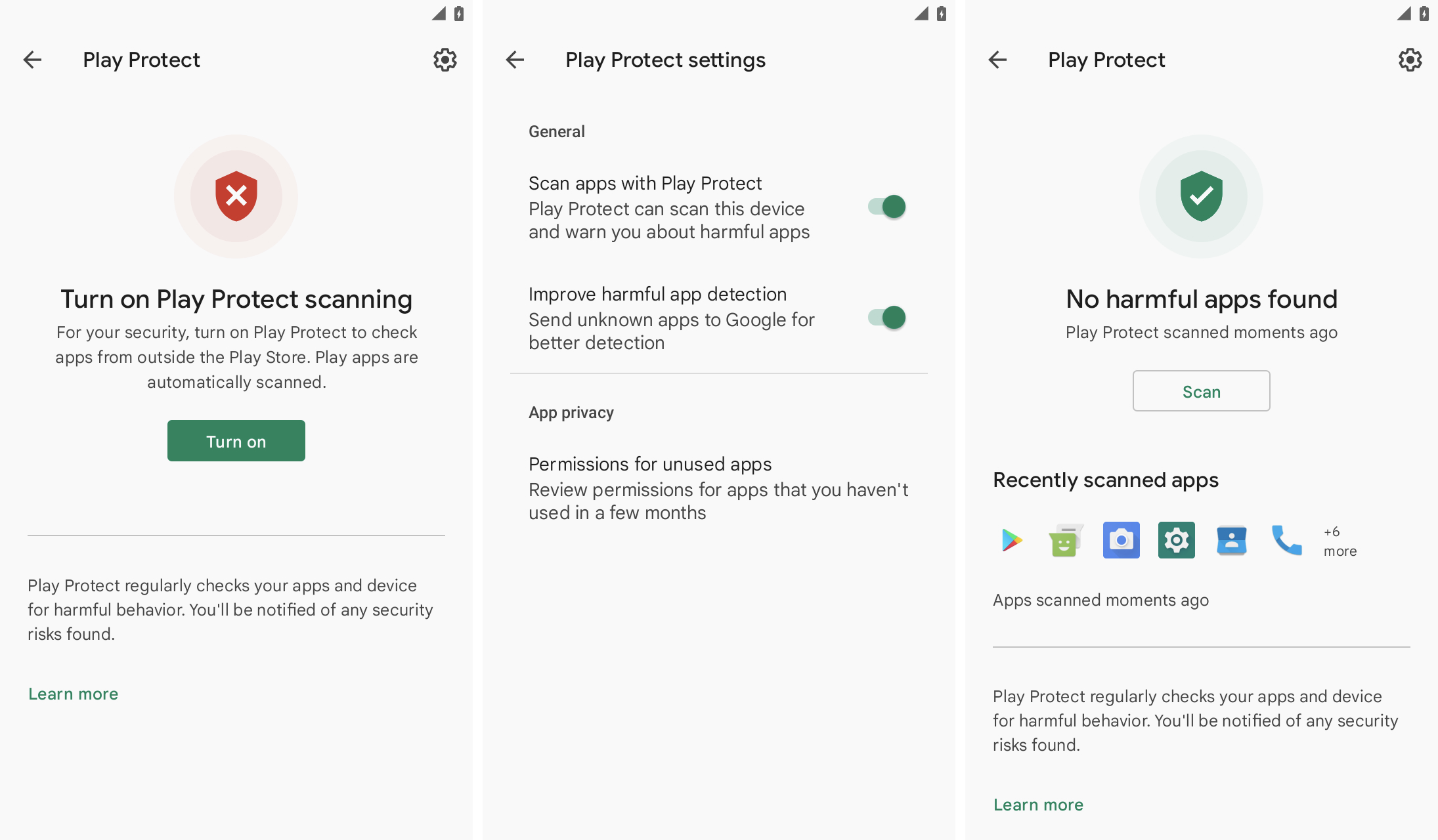 Three side-by-side screenshots showing Play Protect with scanning turned off and Protect Play Protect settings with all toggles turned on.  The third screenshot shows Google Play Protect enabled. "No harmful apps were found." featuring "scan" Click the button to check for potentially malicious apps.