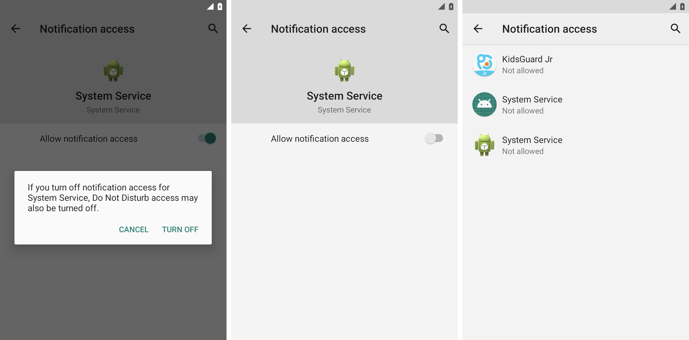 Three screenshots side-by-side, one showing how to switch off notification access in Android settings, followed by a screenshot of a stalkerware app called "System Service" switched off, and the third showing a list of apps under the Notification access in Settings as all showing "not allowed."