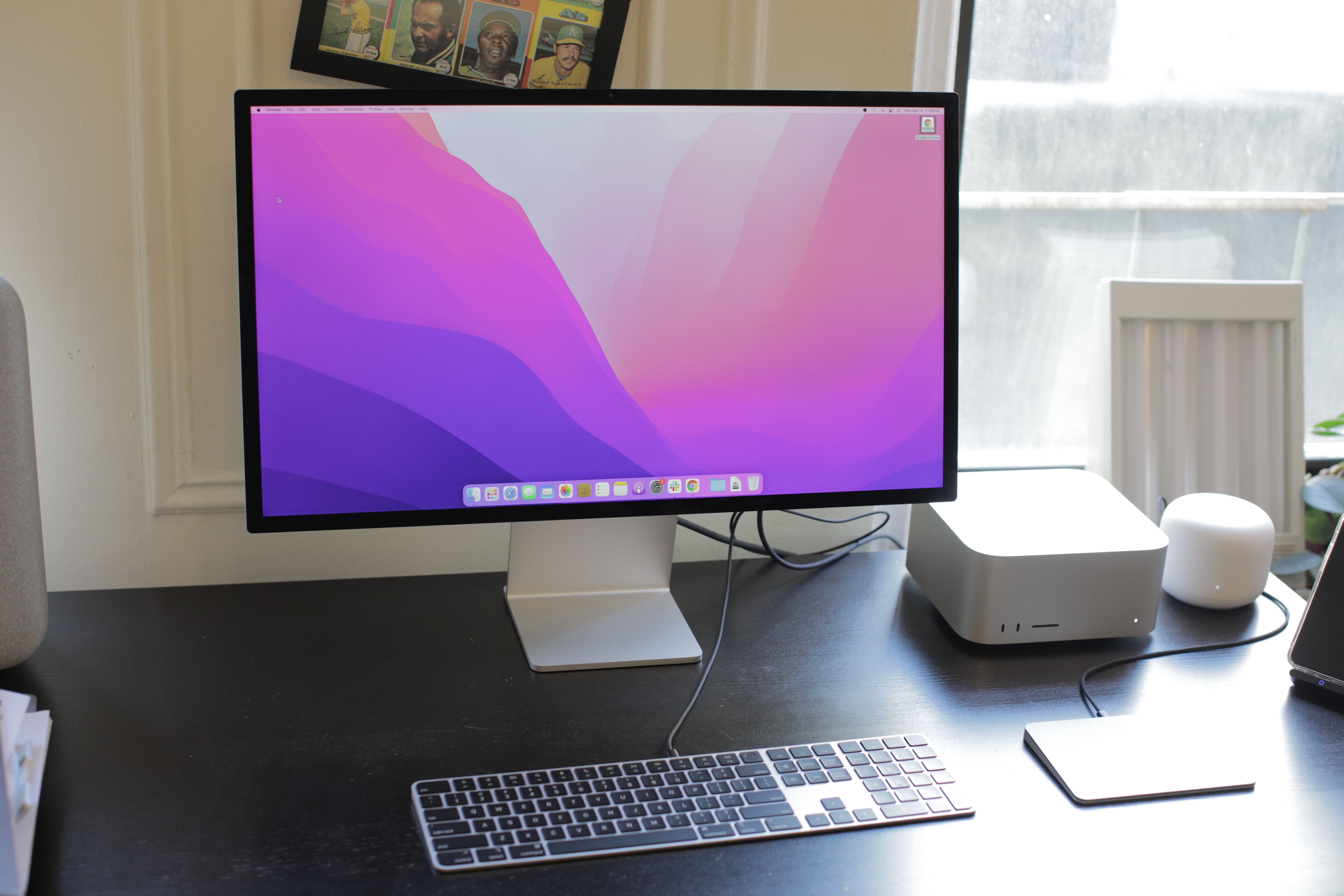 Apple iMac studio display computer desktop 2022 set up with keyboard, mouse track