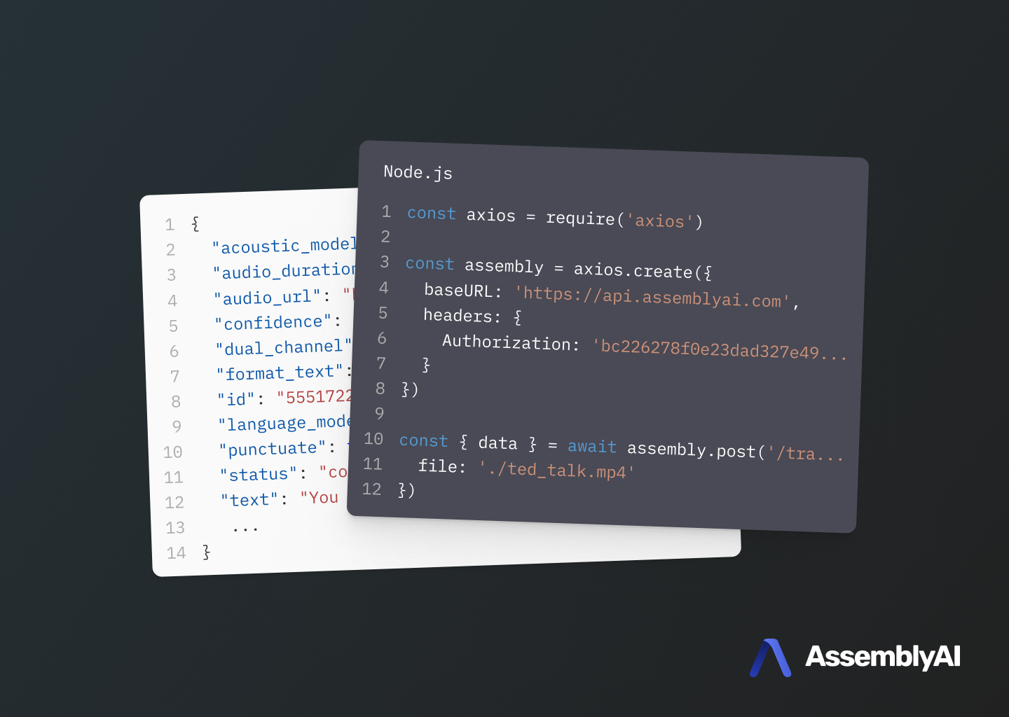Examples of code being used to call Assembly AI's API.