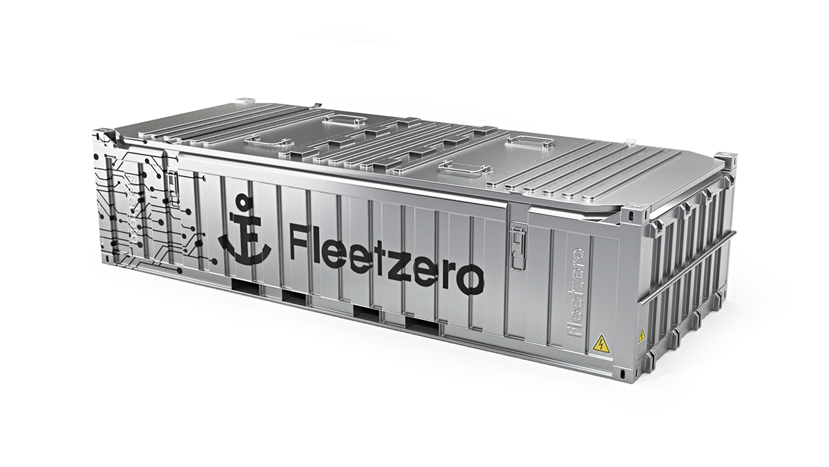 CG rendering of a Fleetzero shipping container battery.