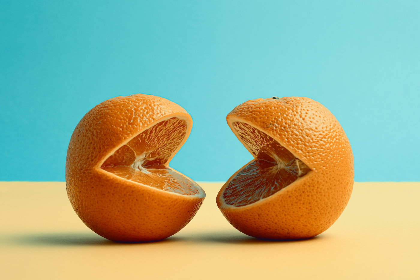 Concept of discussion between two oranges.Studio shot