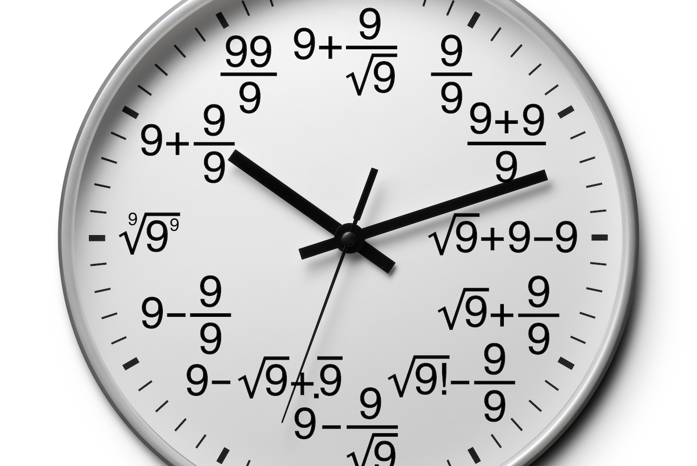 A clock face hat displays equations instead of numerals on white background.