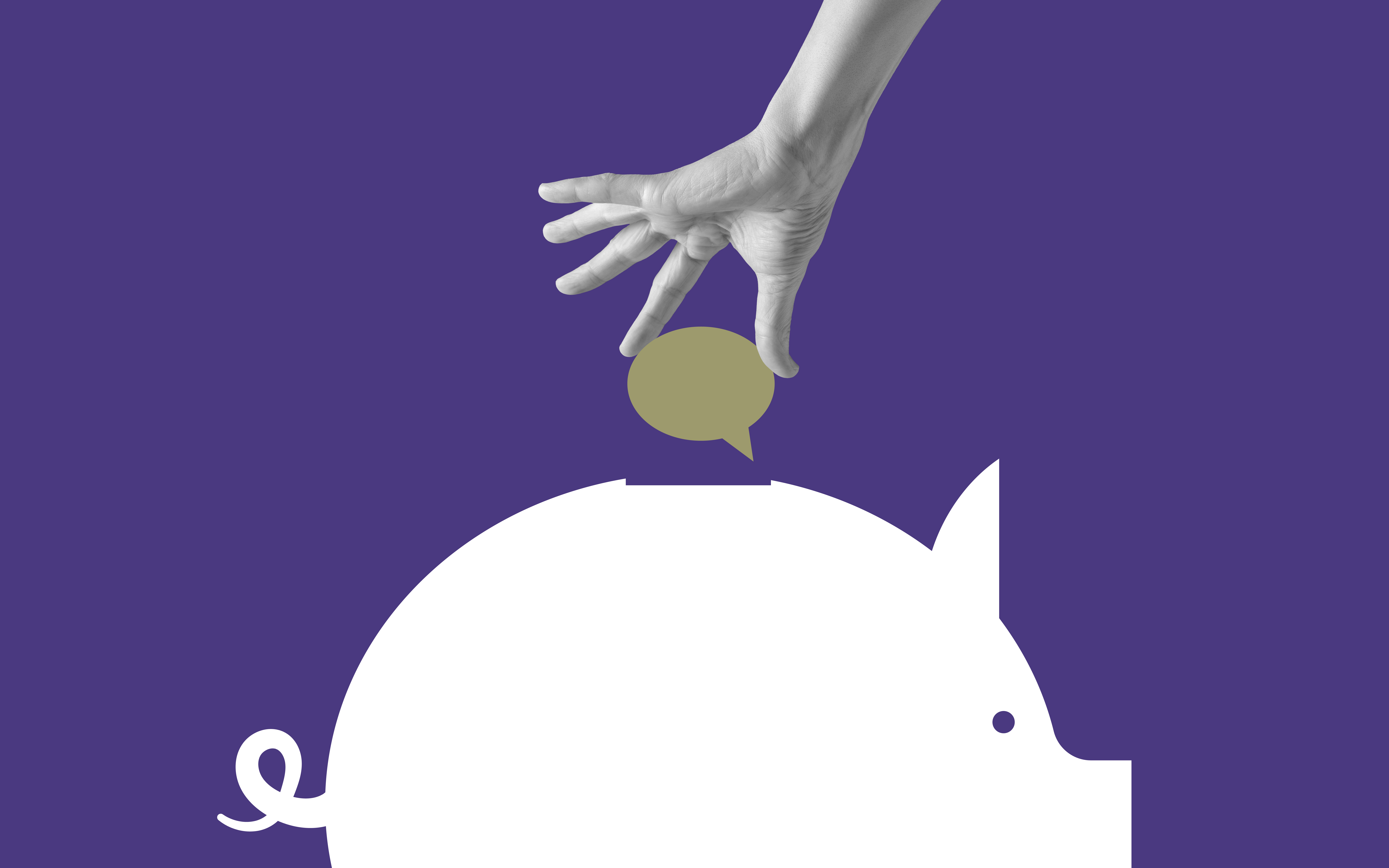 Image of hand putting speech bubble on white piggy bank on purple background.