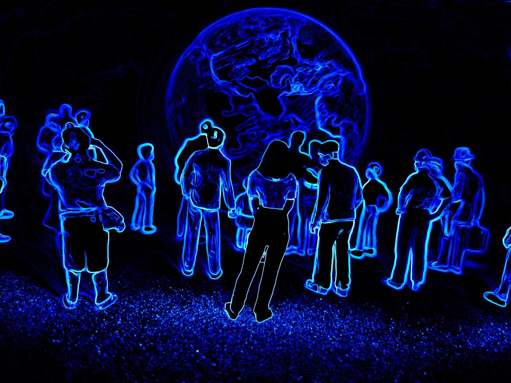 Illustration of people surrounding a globe to represent virtual reality/the metaverse.
