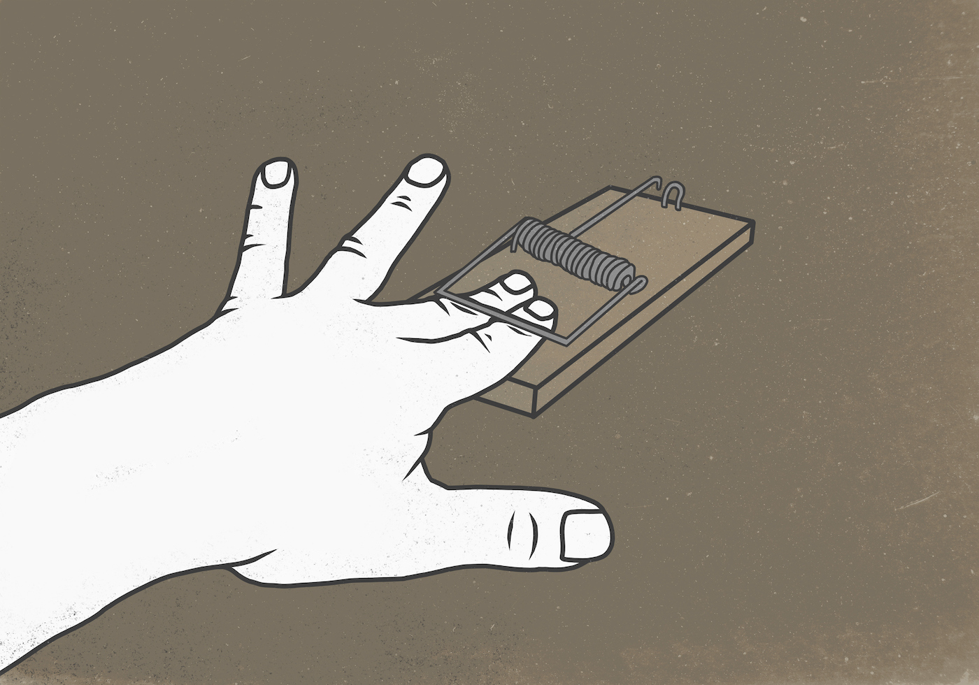 Illustration of fingers in mousetrap against colored background representing trapped