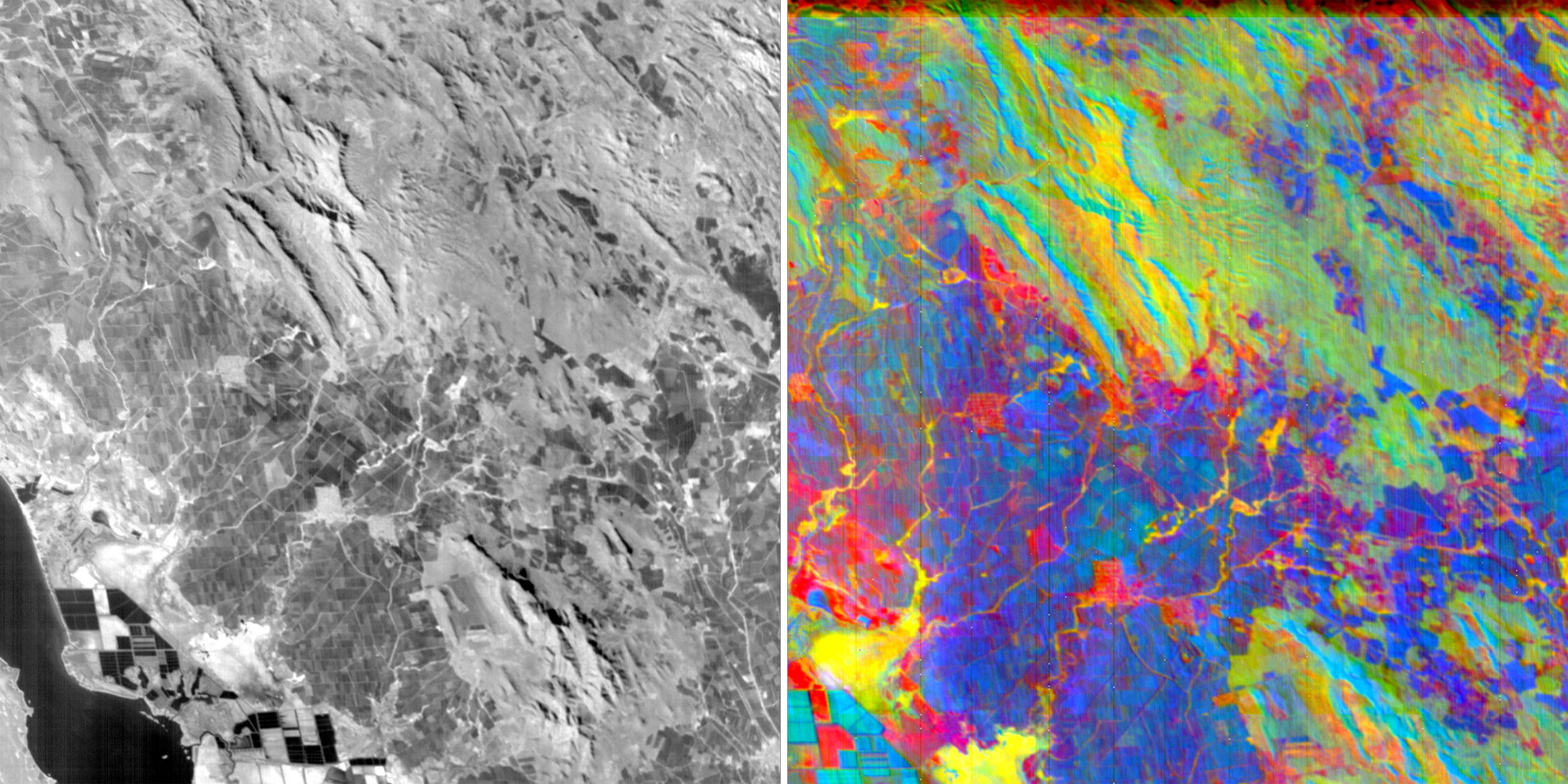 Dağların uydu görüntüsünün solunda tek renkli görüntü ve sağında hiperspektral görüntü.