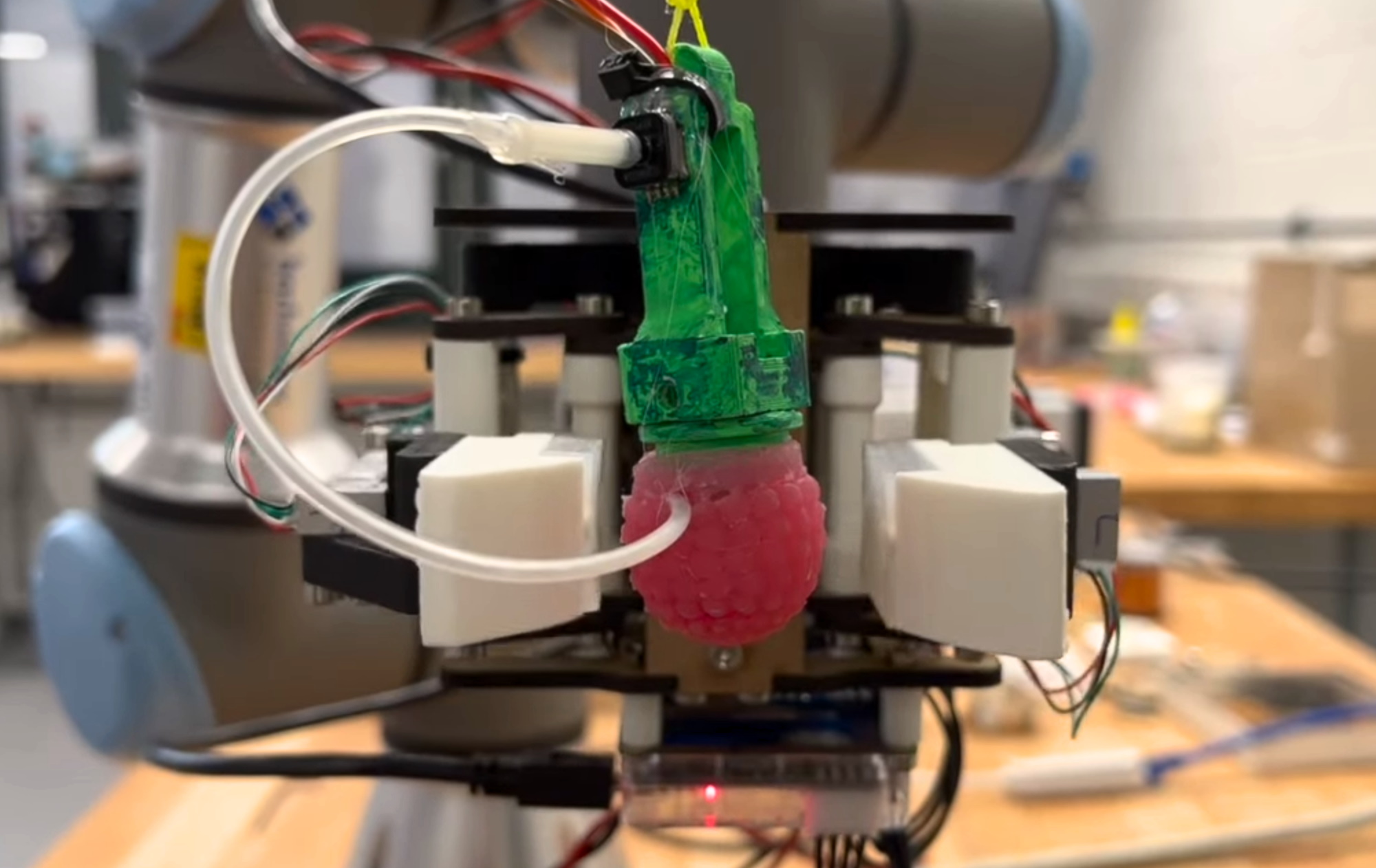 Close-up image of a silicone replica raspberry being grasped by a robotic arm.
