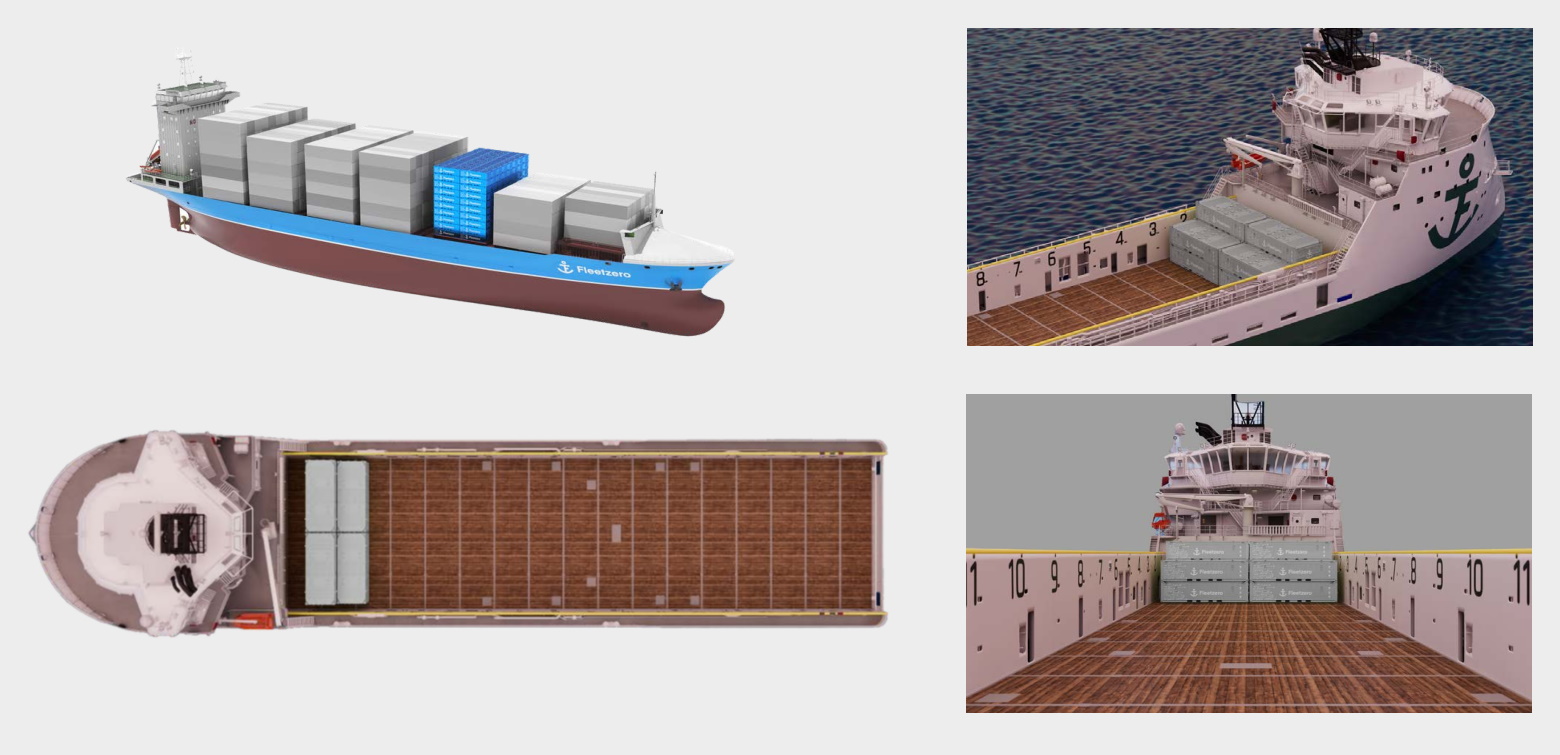 CG renderings of boats carrying batteries of shipping containers.