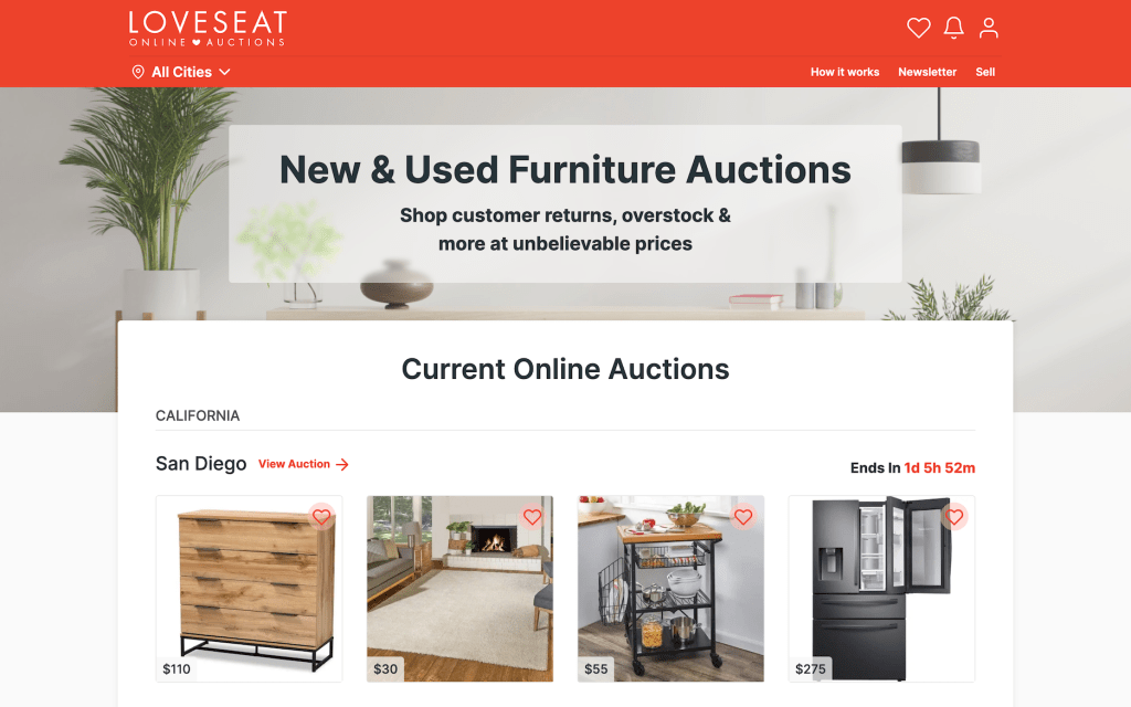 Loveseat, online auction, marketplace, home goods