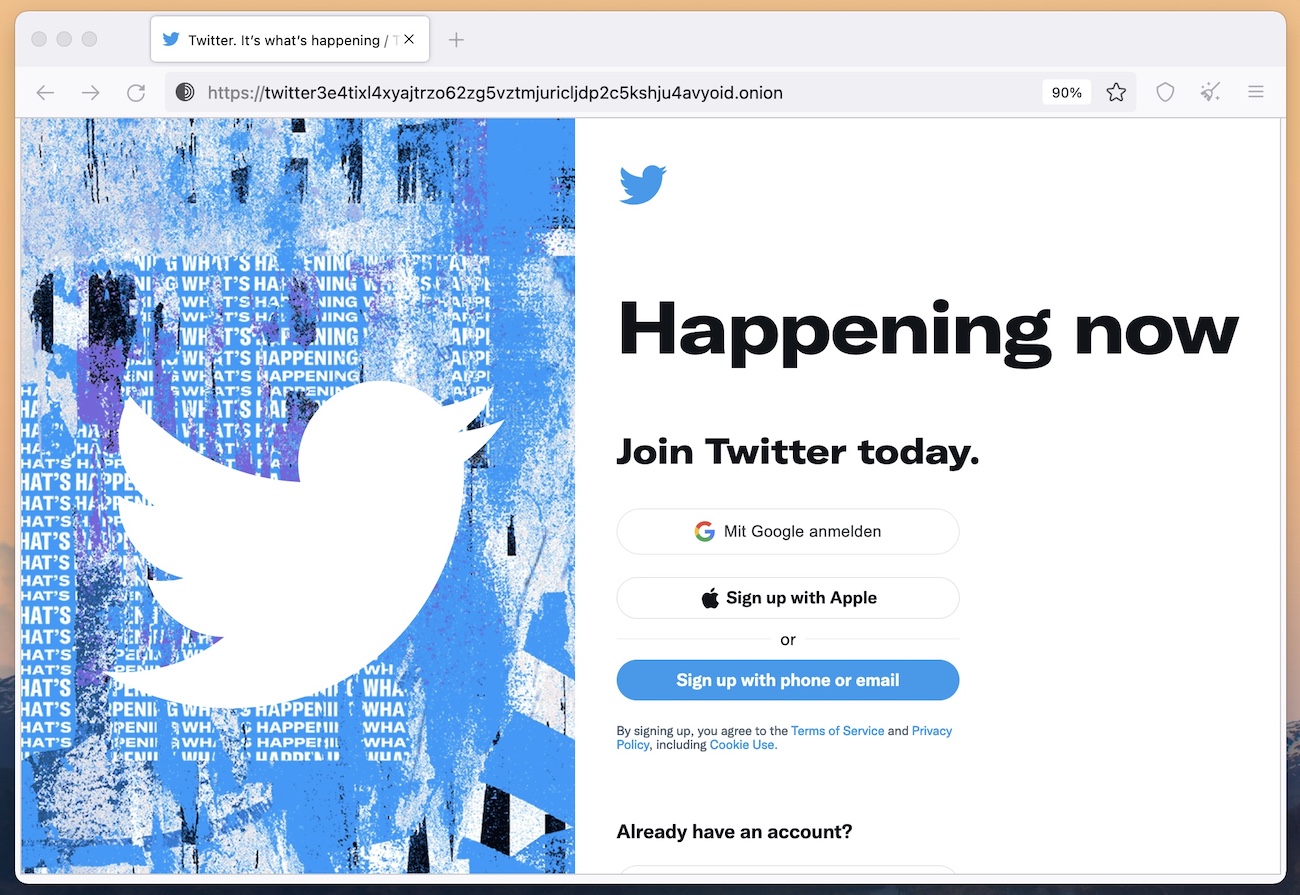 Twitter in the Tor browser.