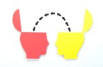Image of two silhouetted heads, one orange and one yellow, with arrows running from one to the other to represent knowledge transfer.