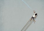 Illustration of a person trying to paint blue line on falling ladder.