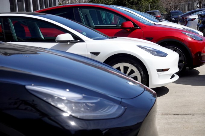 Tesla cars sit in a dealership lot