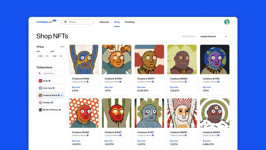 An image of Coinbase NFT shop with Creature World NFTs