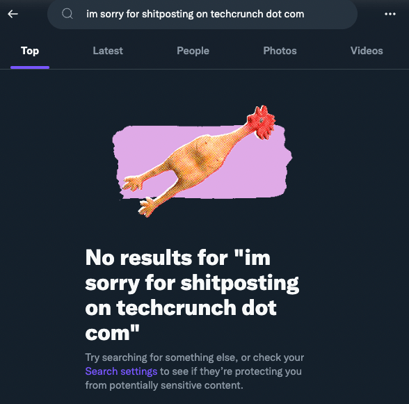 a twitter search with no results, showing the rubber chicken image