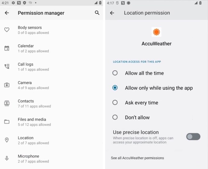 A screenshot of lock screen permissions on Android