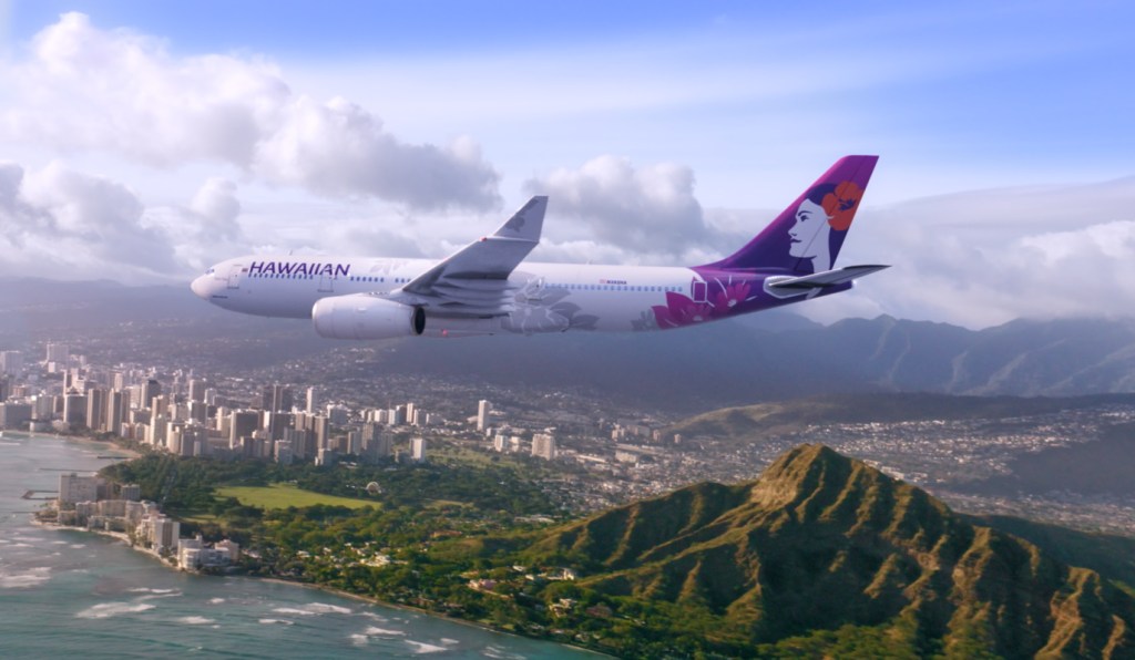 A Hawaiian air jet above a city in Hawaii.