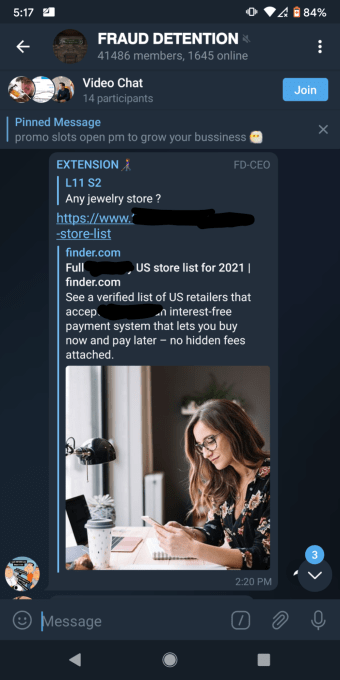 Screenshot of a Telegram group with fraudsters advertising scams