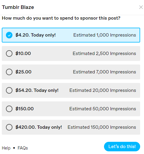 Tumblr Blaze pricing