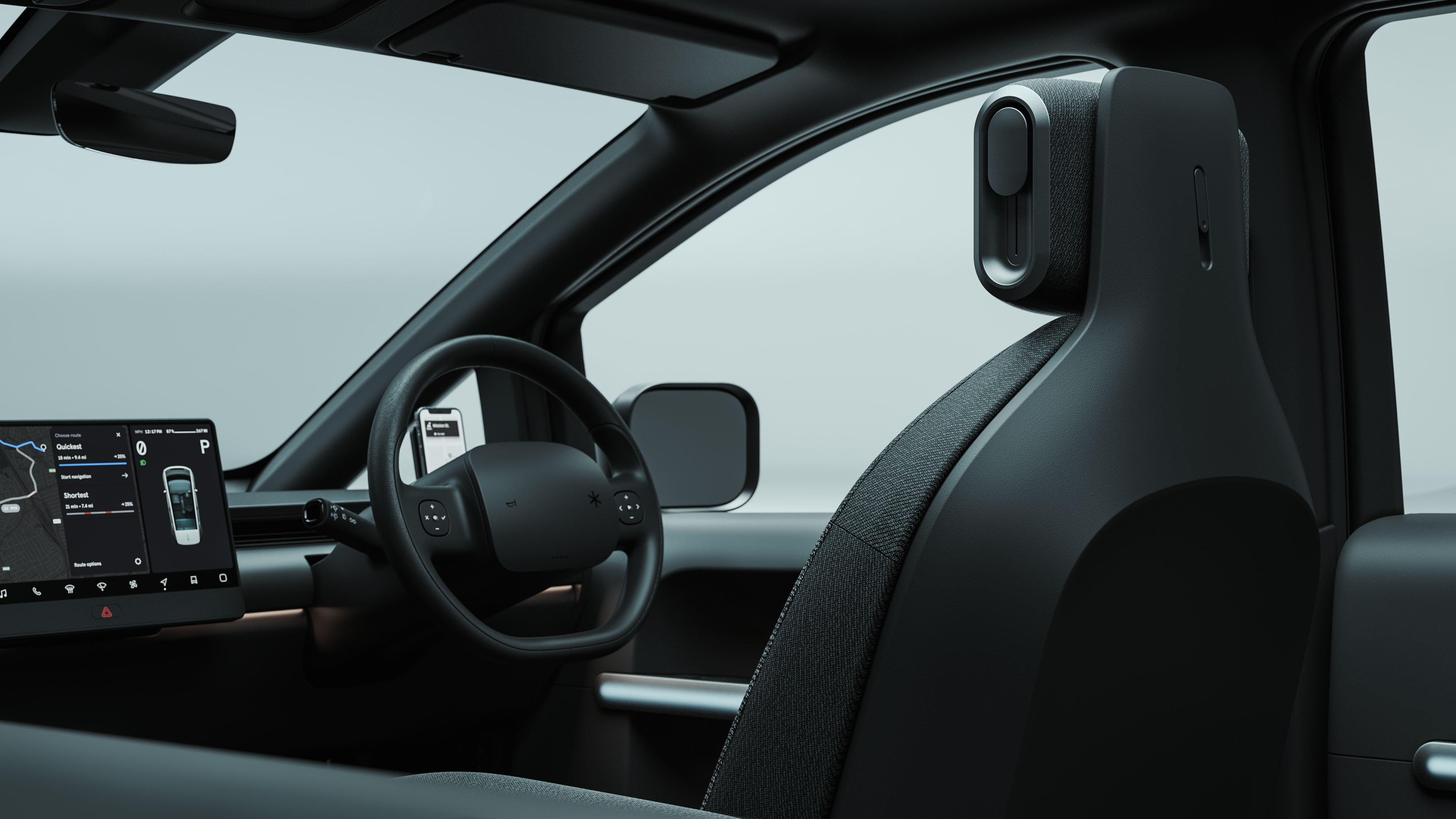 Representación del interior del automóvil de granizo de Arrival que muestra el volante y la pantalla táctil para los conductores.