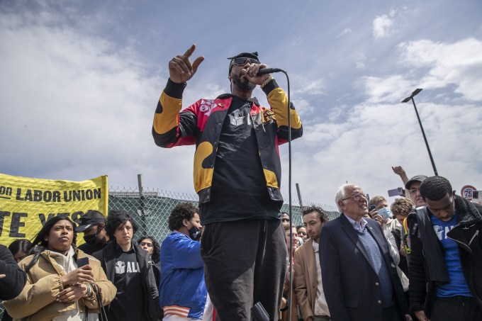 Amazon Labor Union founder Christian Smalls speaks at a rally on Staten Island in April 2022.