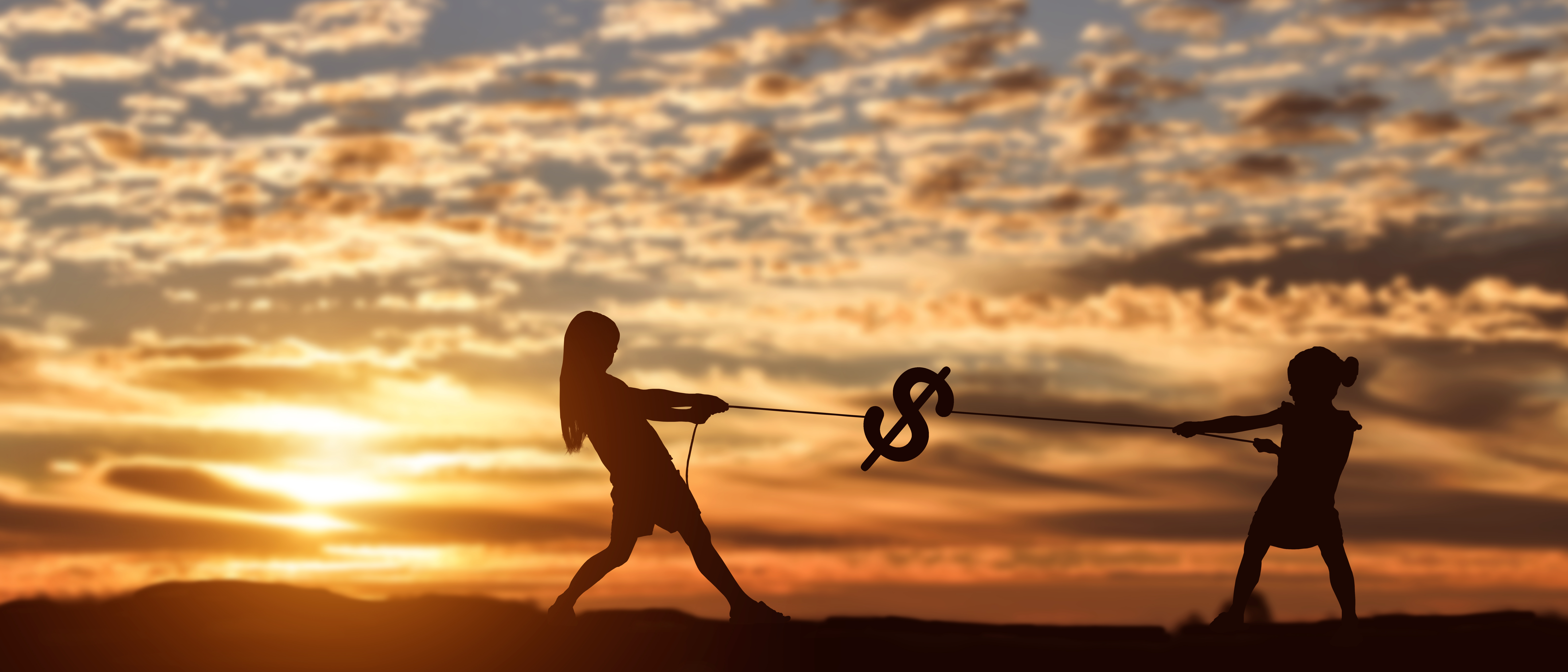 Silhouette of two girls pulling rope with a dollar sign dollar against a sunset background.