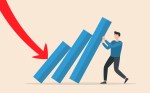 Domino effect. Stopping chain reaction business solution. Successful intervention. Man pushing falling domino line business concept of problem solving. Vector illustration.