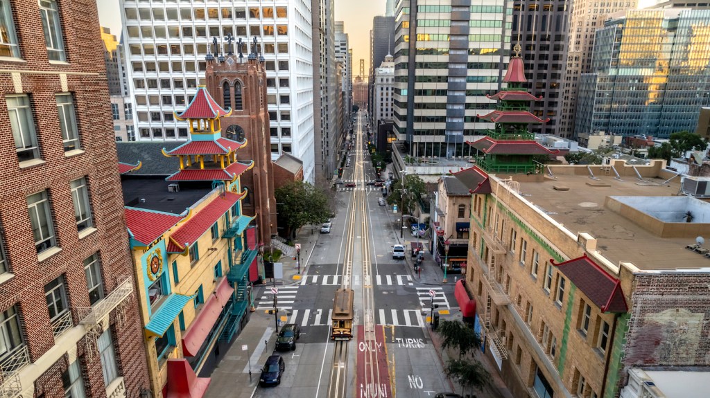 High quality stock photo looking down California Street towards the financial district with Chinatown in the foreground.