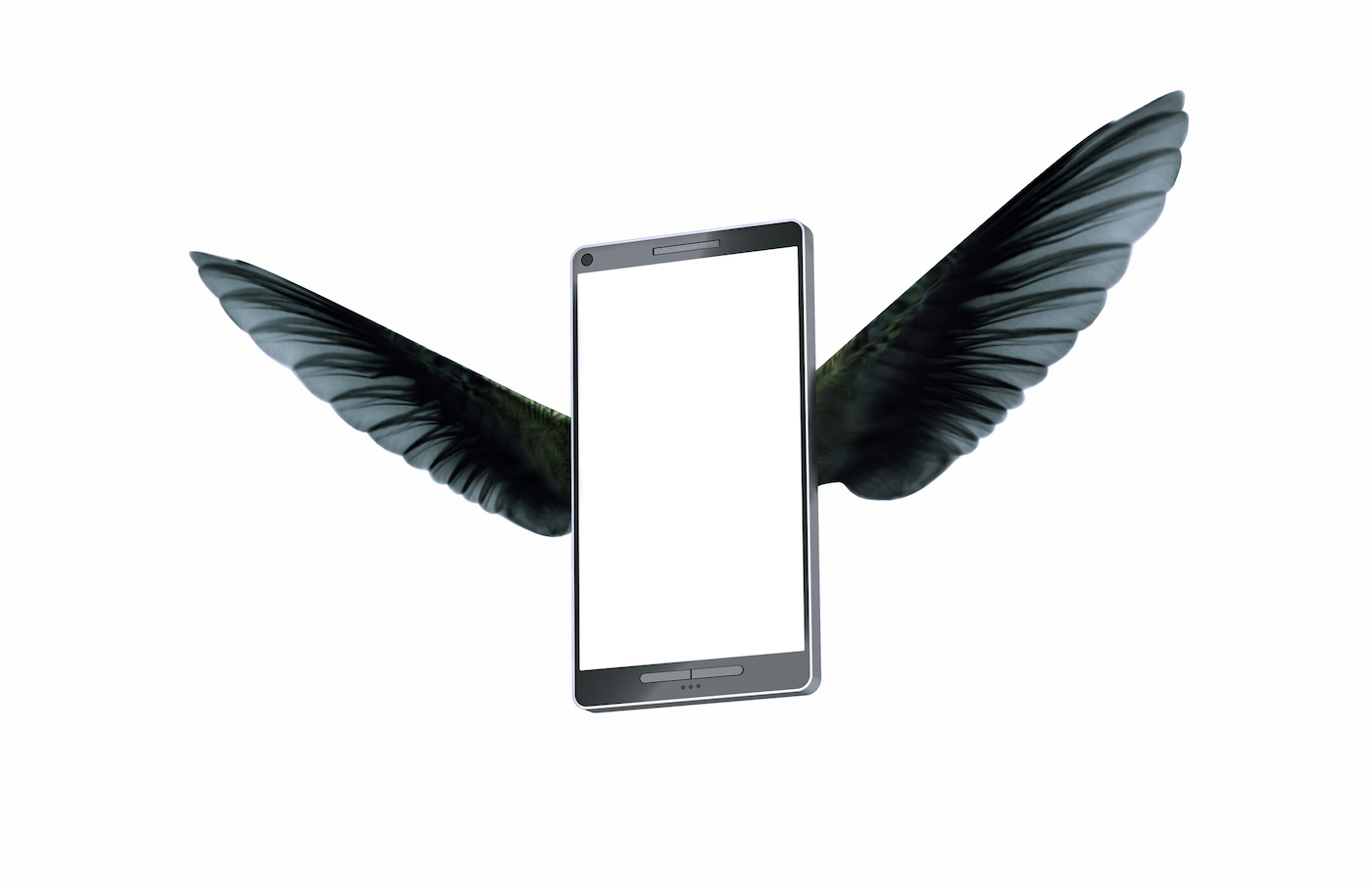 Téléphone intelligent avec des ailes, volant sur fond blanc, en tant que concept d'envoi de messages ou d'informations, Illustration numérique