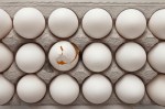 an overhead shot of a carton of white eggs, one of which is broken