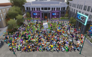 Roblox developer event with virtual avatars gathered together.