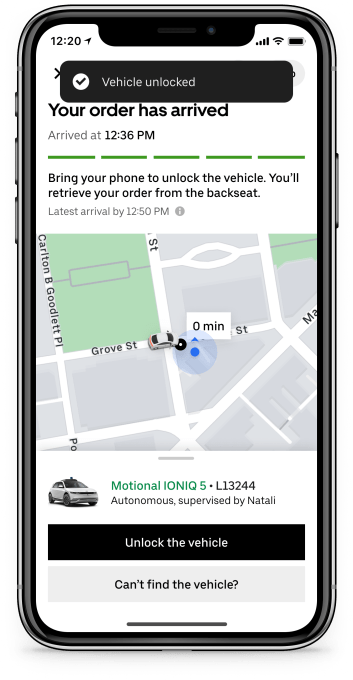 Uber Eats and Motional Unlock on the app
