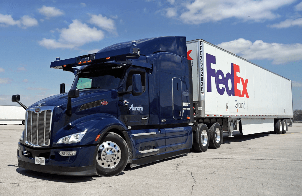 Aurora Innovation self-driving truck with FedEx logo