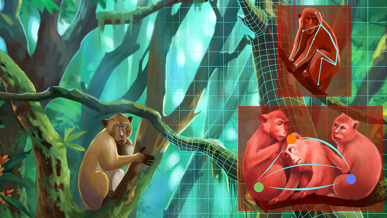 Ilustración de monos en un árbol que está siendo analizado por una IA.