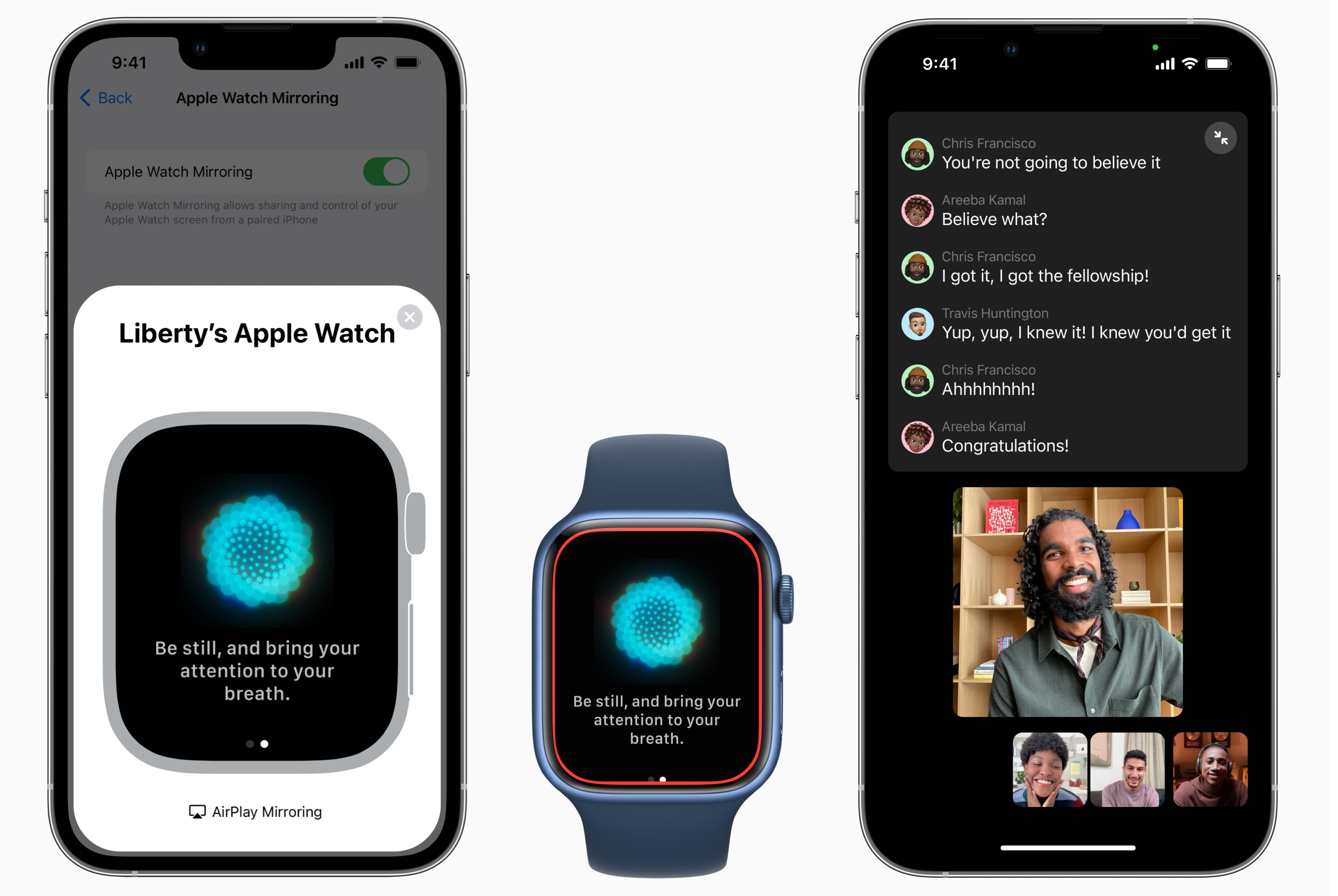 Capturas de pantalla que muestran las aplicaciones de Apple Watch en un iPhone y la transcripción de una videollamada de varias personas.