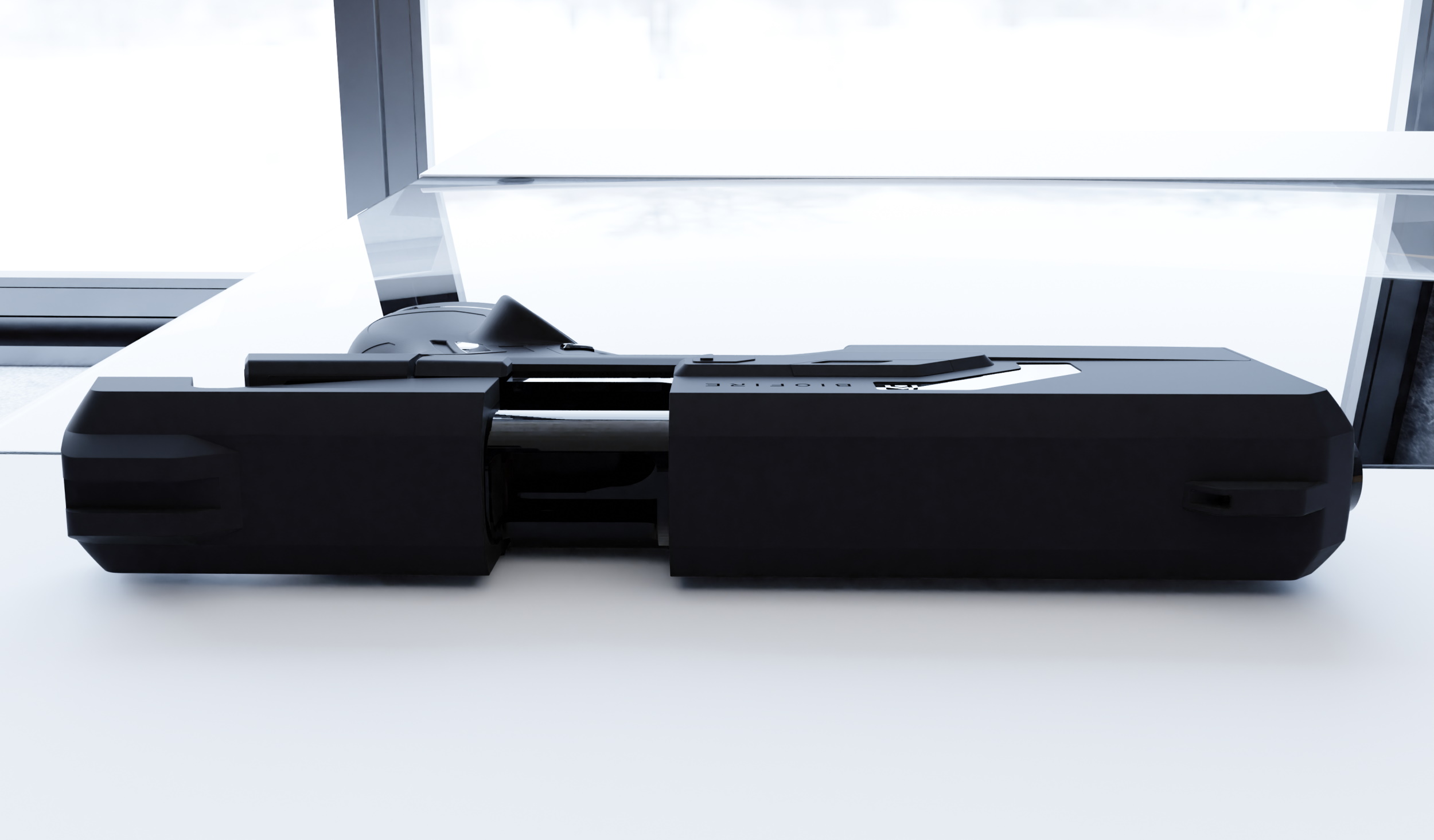 CG render of a Biofire gun resting on a table.