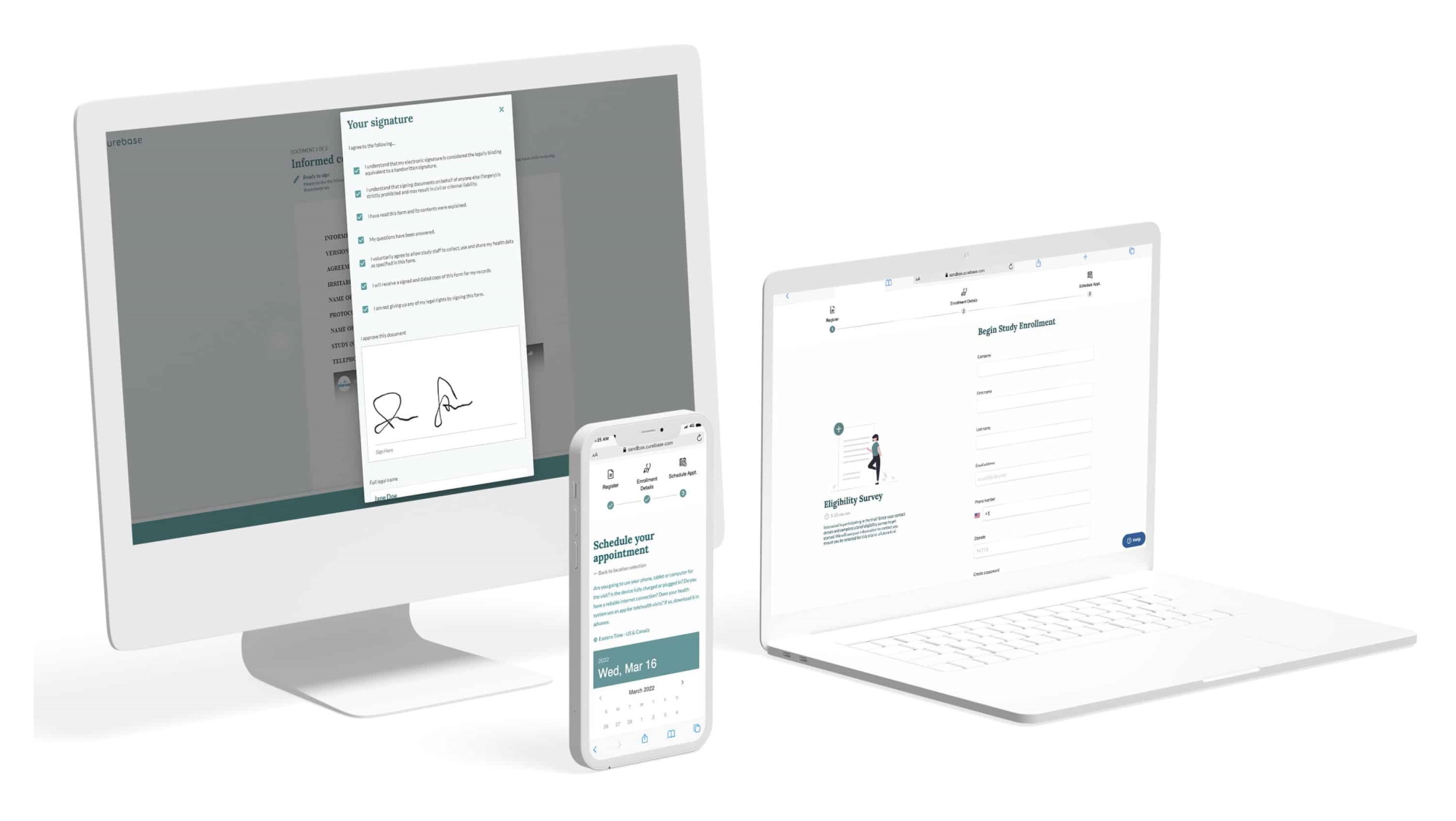 Image showing Curebase's app on desktop, laptop, and mobile.