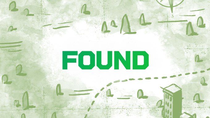 Found podcast logo, Green map drawing with word found in the center