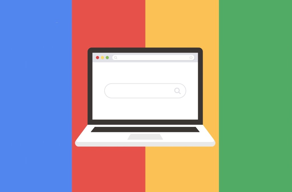 Google search results. An illustration of a laptop computer on a background of blue, red, yellow and green, indicating Google's colors.