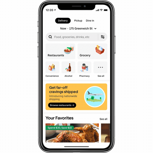 GIF showing Uber Eats nationwide shipping on app