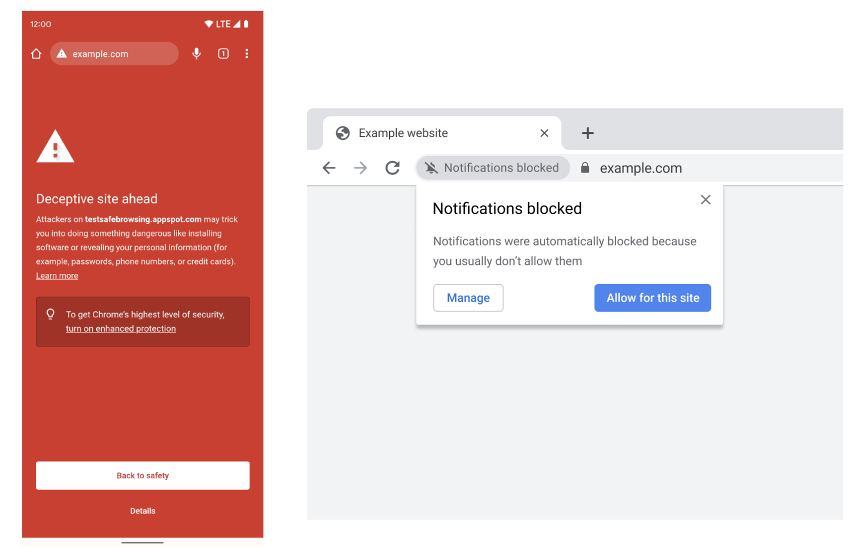 Two images side by side. The first on the left is a smartphone showing a red screen and a warning message about phishing. The image on the right shows a Chrome browser window showing a pop-up message saying “Notifications blocked”. 