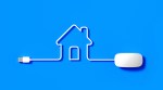 White mouse cable forming a house symbol on blue background; proptech