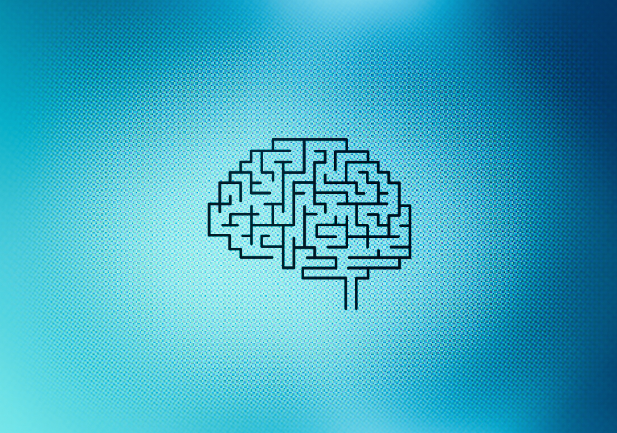 Maze brain graphic on computer screen; AI/ML marketing difficulty