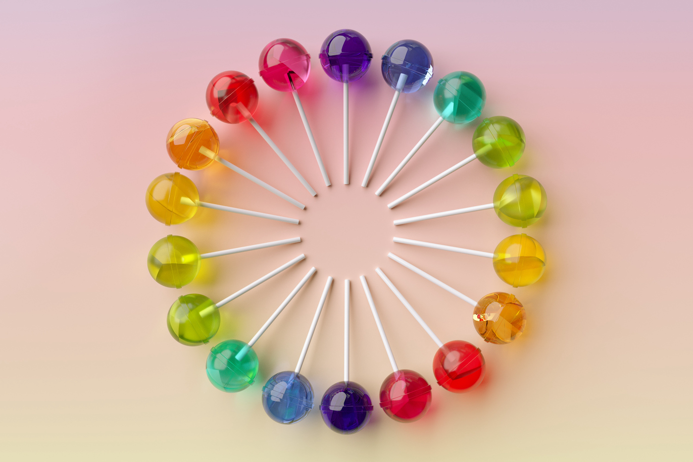 Digitally generated image of many lollipops organized in circular patterns on a pink surface.