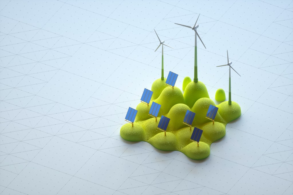 Digital generated image of toy looking landscape terrain with solar panels and miniature wind turbines on it on white background. Sustainable energy concept.