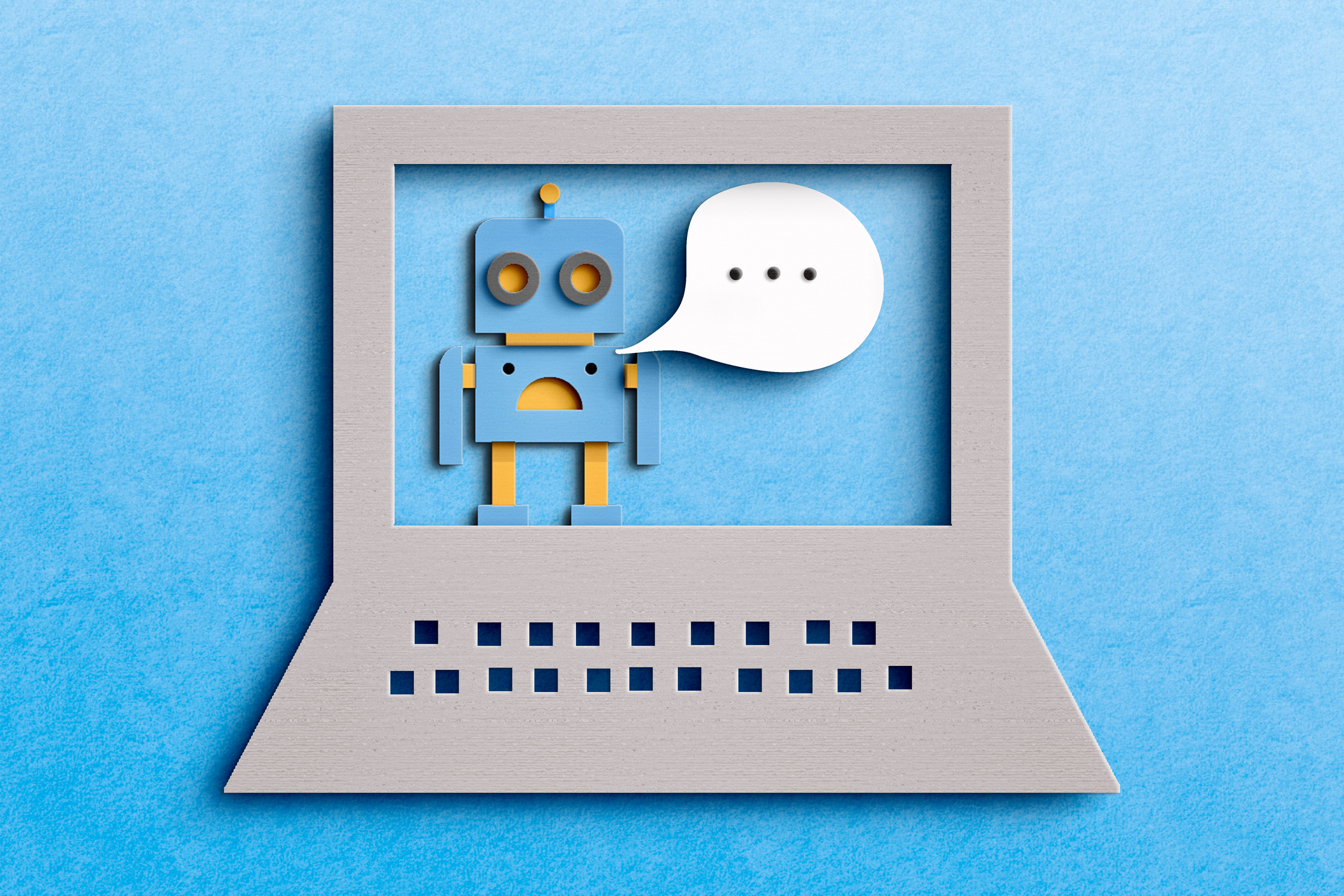 Illustration of a robot with a speech bubble in a laptop; chatbot strategy for marketing
