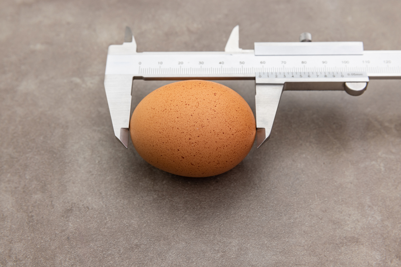 Штангенциркуль измеряет коричневое яйцо на ржавом фоне гранжа